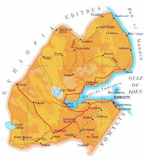 Detailed road and physical map of Djibouti. Djibouti detailed road and physical map.
