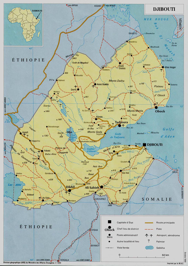 Detailed road and political map of Djibouti. Djibouti detailed road and political map.