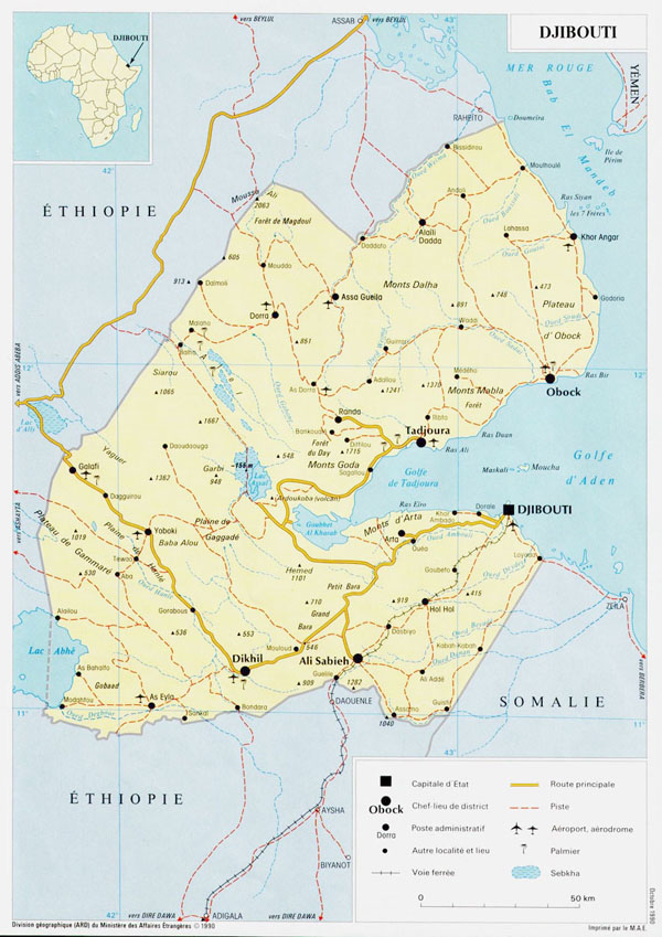 Detailed road and political map of Djibouti with cities and airports.