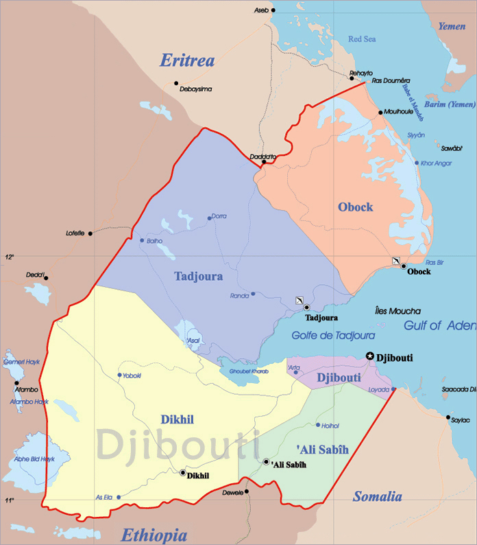 Djibouti administrative map. Administrative map of Djibouti.