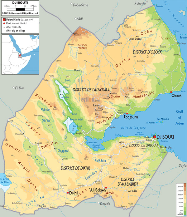 Large detailed physical map of Djibouti. Djibouti large detailed physical map.