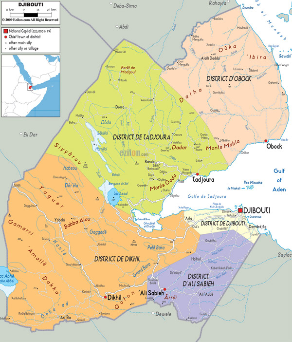 Large detailed political map of Djibouti with roads.