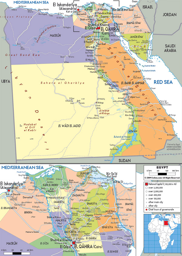 Detailed political map of Egypt with roads, cities and airports.