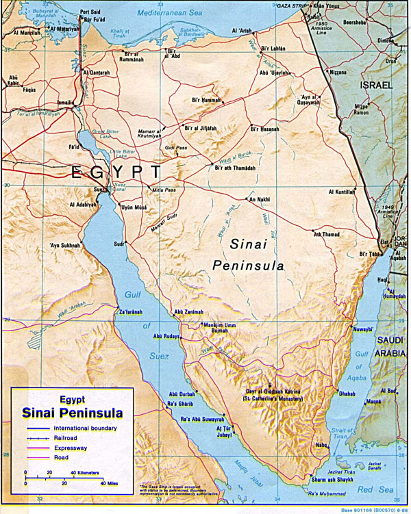 Detailed relief map of Egypt, Sinai Peninsula with roads.