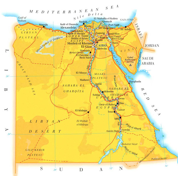 Detailed road and physical map of Egypt.