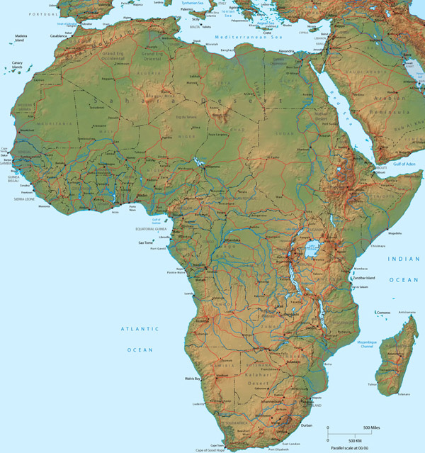 Large detailed relief map of Africa. Africa large detailed relief map.