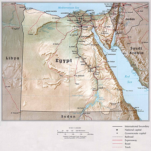 Large detailed relief map of Egypt with all cities and roads.