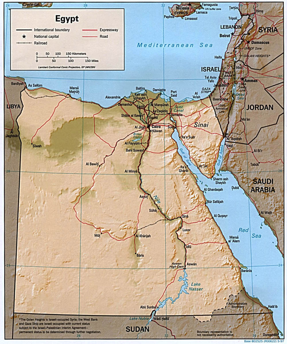 Large relief map of Egypt with all roads. Egypt large relief map with all roads