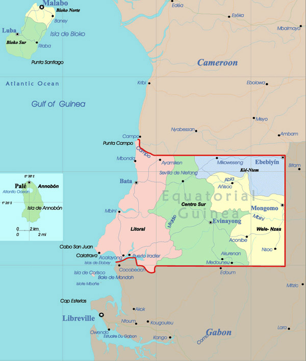 Detailed administrative map of Equatorial Guinea with cities.
