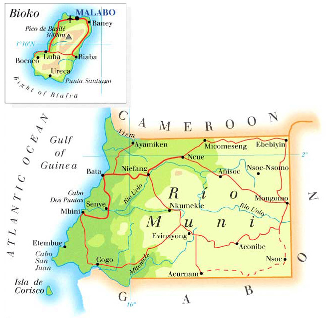 Detailed physical and road map of Equatorial Guinea.