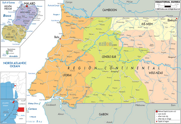 Large detailed administrative map of Equatorial Guinea with cities, roads and airports.