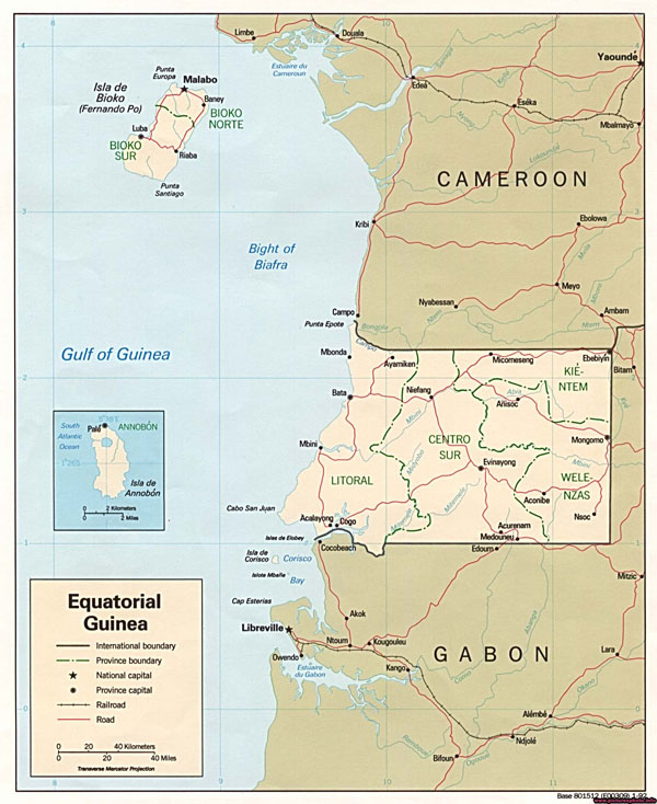 Large detailed political and administrative map of Equatorial Guinea with cities and roads.