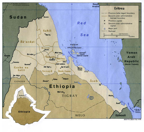 Detailed political map of Eritrea with cities and highways.