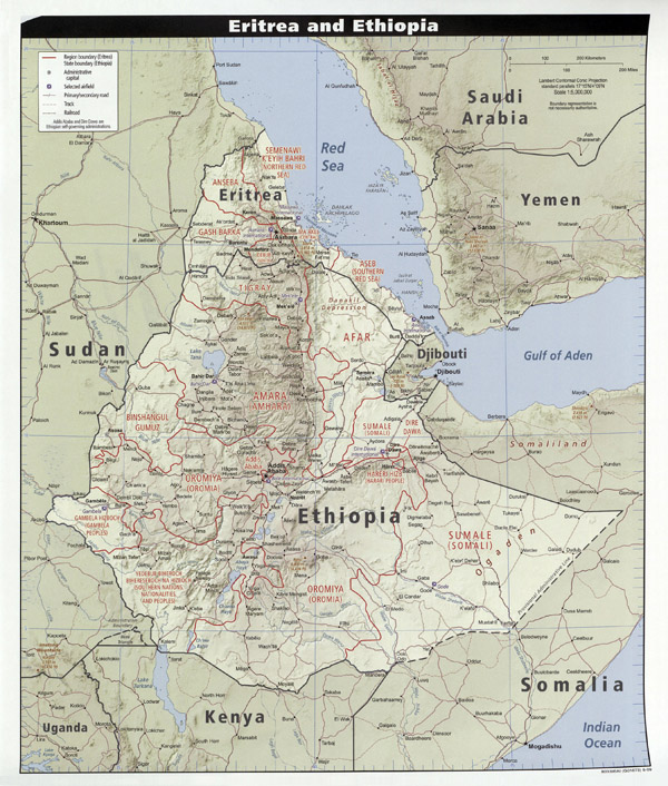 Large detailed relief map of Eritrea and Ethiopia with cities, highways and airports.