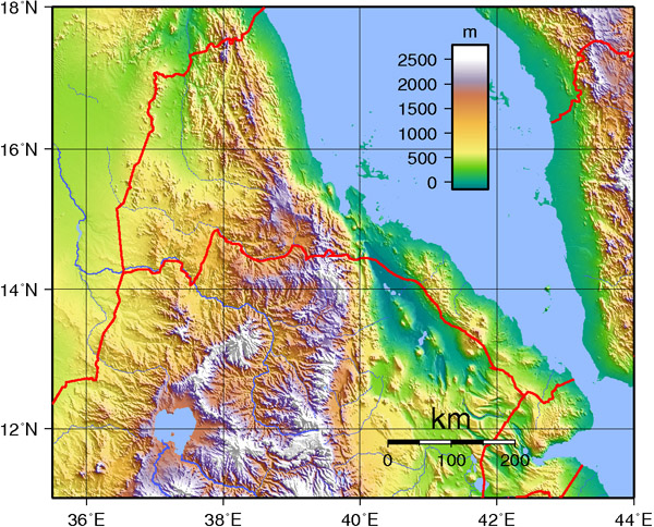 Large detailed topographical map Eritrea. Eritrea large detailed topographical map.