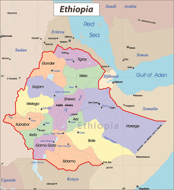 Detailed administrative map of Ethiopia with cities and highways.
