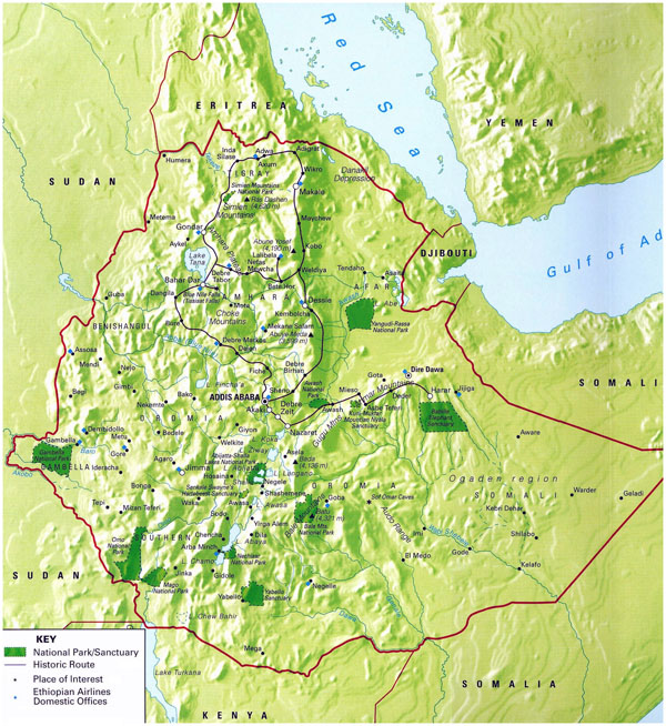 Detailed national parks map of Ethiopia with relief.