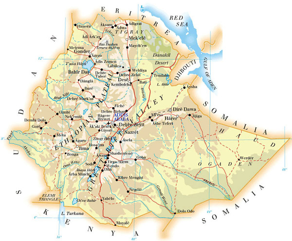 Detailed physical and road map of Ethiopia.