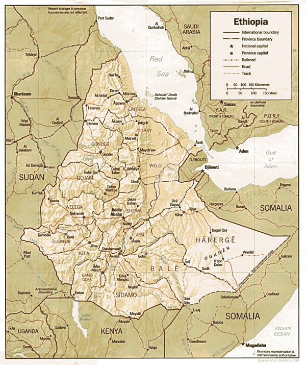 Detailed relief and administrative map of Ethiopia.