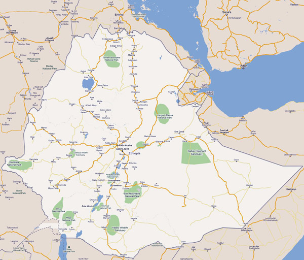 Detailed roads map of Ethiopia with cities and national parks.