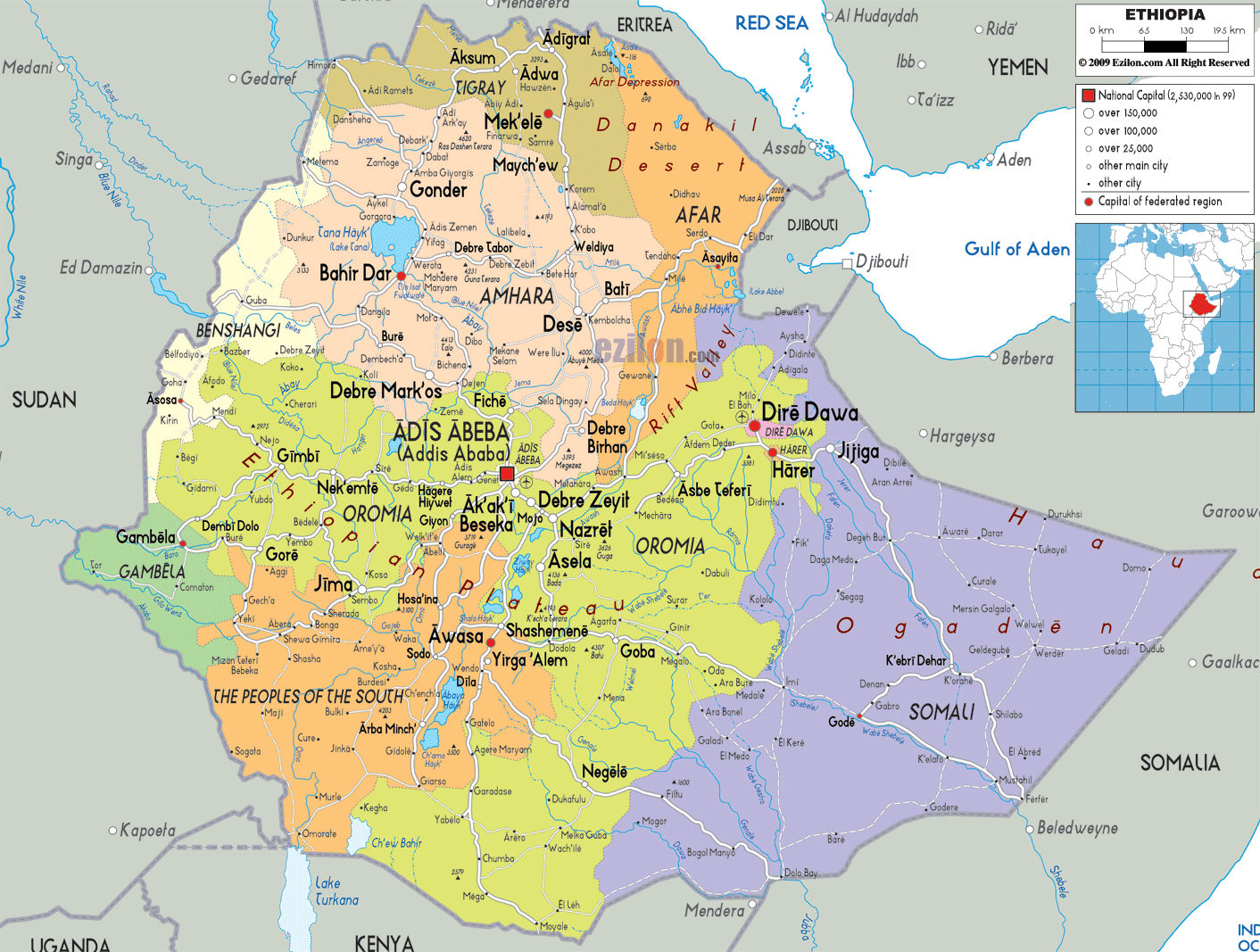 Large detailed administrative map of Ethiopia with all cities, roads