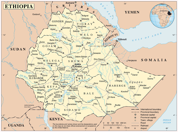 Large detailed political and administrative map of Ethiopia with all cities, highways and airports.