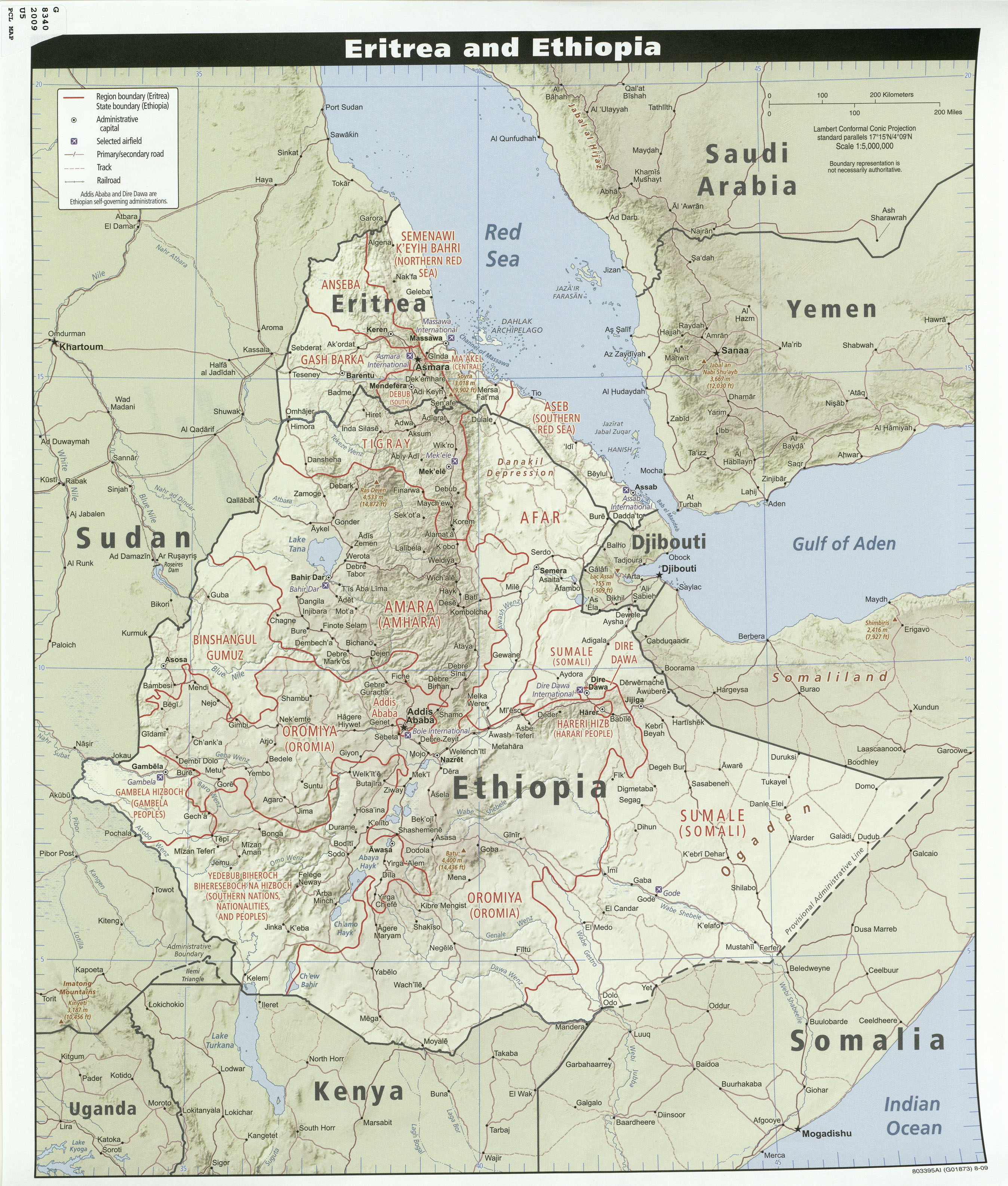 Large detailed relief map of Ethiopia and Eritrea with highways, cities