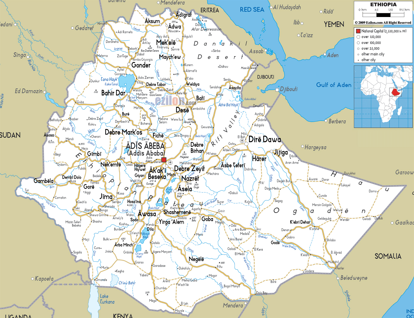 Large detailed road map of Ethiopia with all cities and airports