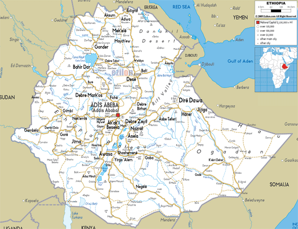 Large detailed road map of Ethiopia with all cities and airports.