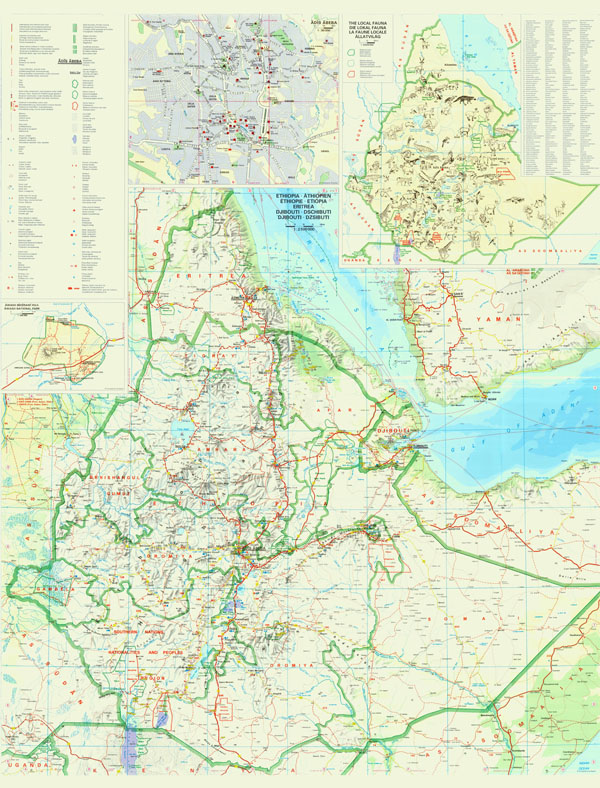 Large detailed tourist map of Ethiopia with relief, roads, cities, airports and other marks.