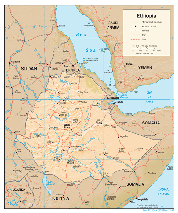 Large political map of Ethiopia with relief.