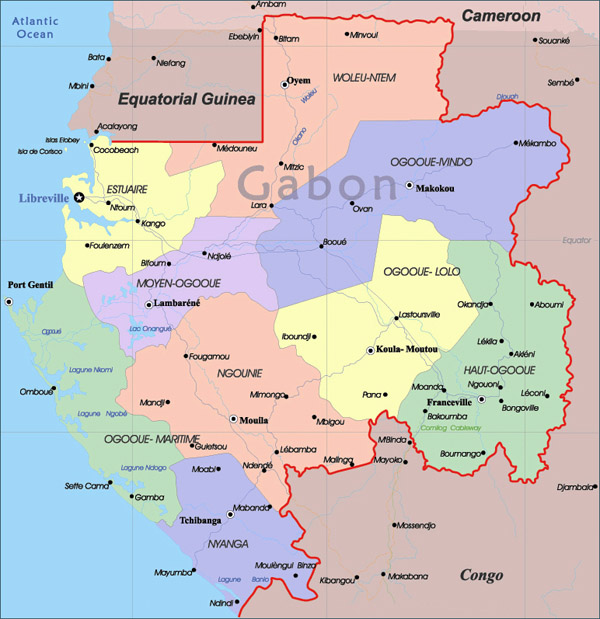 Detailed administrative map of Gabon. Gabon detailed administrative map.