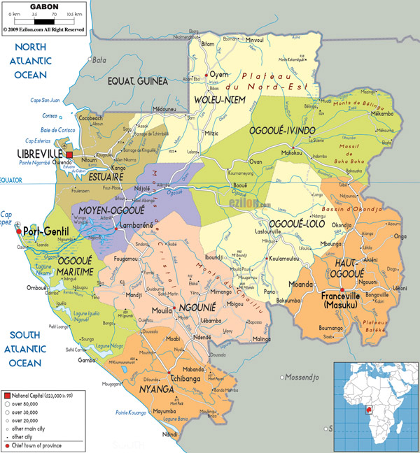 Detailed administrative map of Gabon with cities and airports.