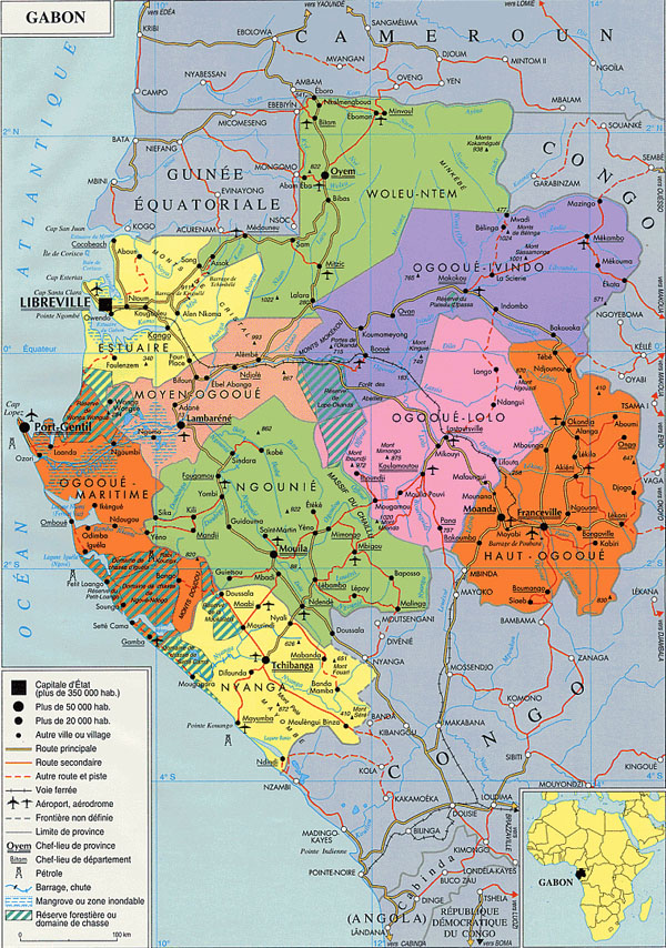 Detailed administrative map of Gabon with roads and cities.