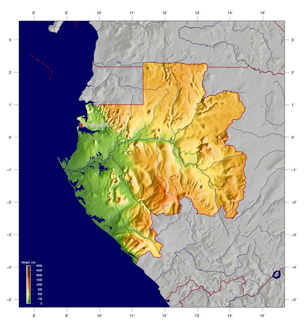 Detailed physical map of Gabon. Gabon detailed physical map.
