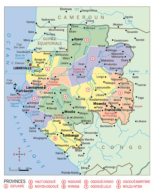 Detailed political map of Gabon with cities. Gabon detailed political map with cities.