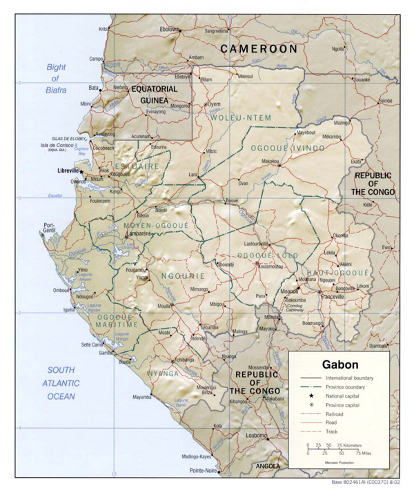 Detailed relief and administrative map of Gabon with roads.