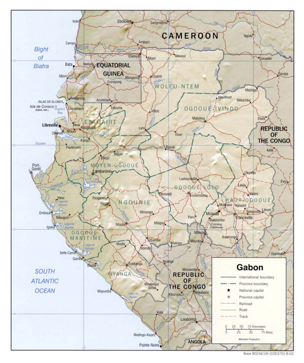 Detailed relief and administrative map of Gabon with roads. Gabon detailed relief and administrative map with roads. Detailed relief and administrative map of Gabon with roads.