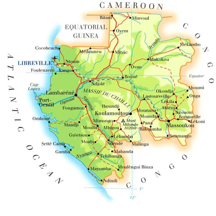 Gabon road and physical map. Road and physical map of Gabon.