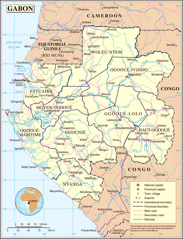 Large detailed political and administrative map of Gabon with all cities and roads.