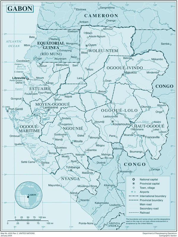 Large political and administrative map of Gabon with roads and cities.