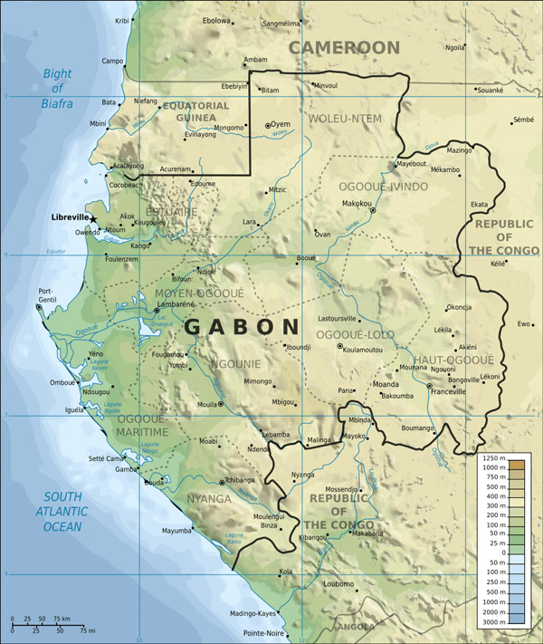 Large topographical map of Gabon. Gabon large topographical map.