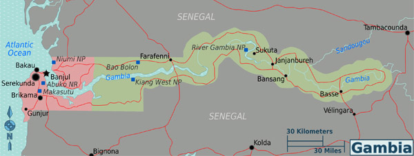 Gambia detailed political map. Detailed political map of Gambia.