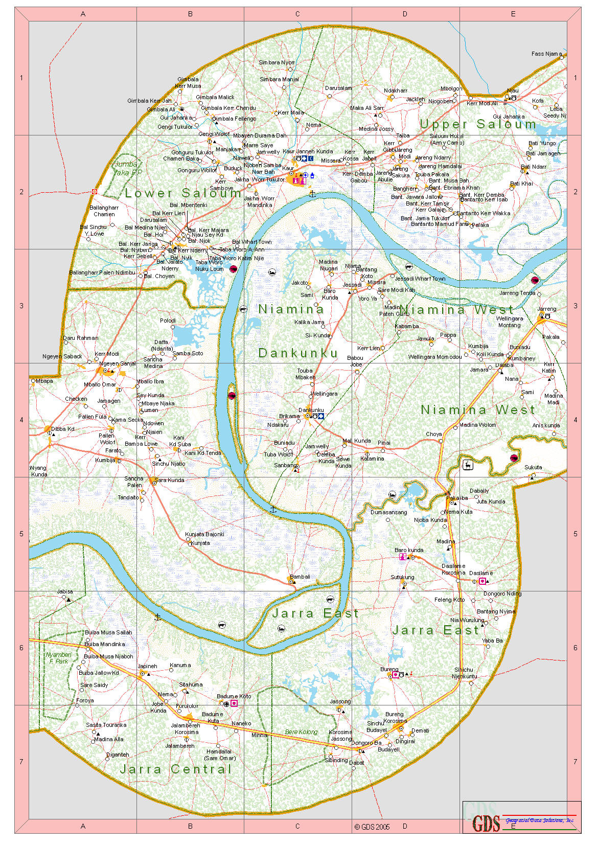 large detailed road and travel map of gambia with all cities