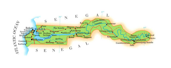 Road and physical map of Gambia. Gambia road and physical map.