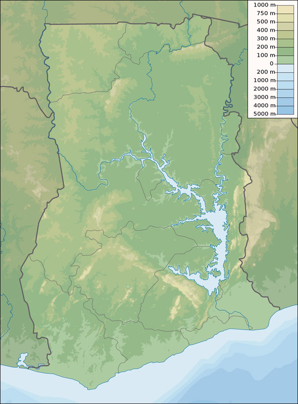 Detailed physical map of Ghana. Ghana detailed physical map.