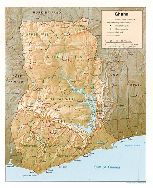 Detailed relief and political map of Ghana.