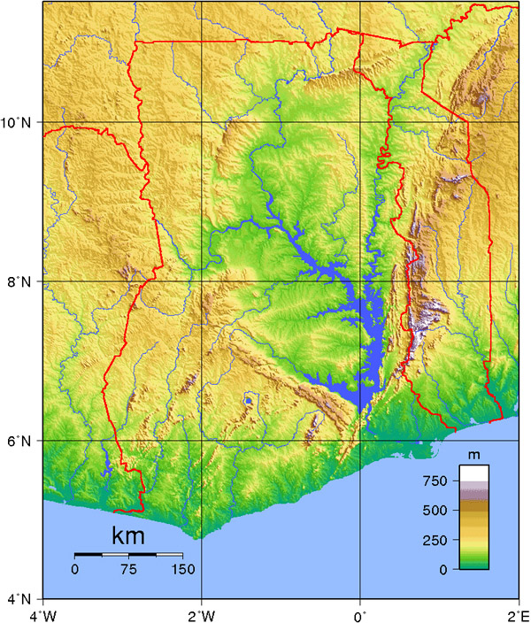 Detailed topographical map of Ghana. Ghana detailed topographical map.