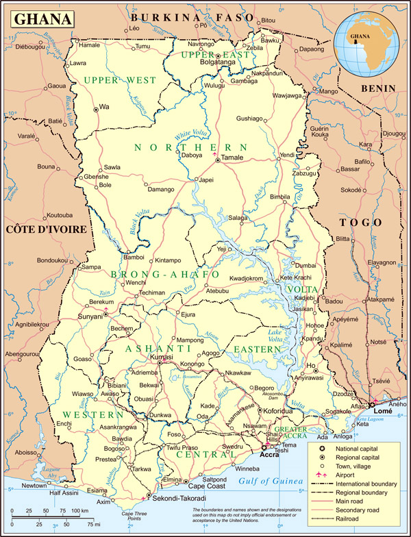 Large detailed administrative and political map of Ghana.