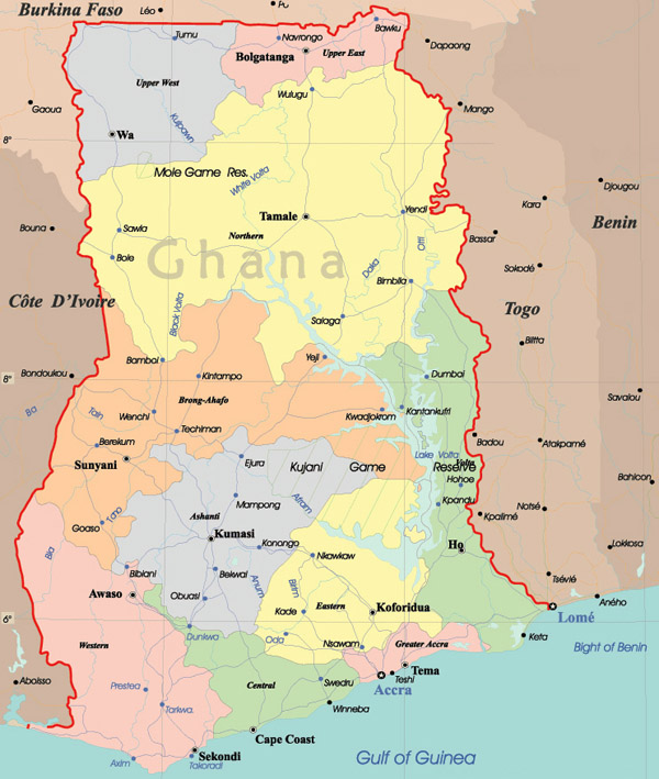 Large detailed administrative map of Ghana.